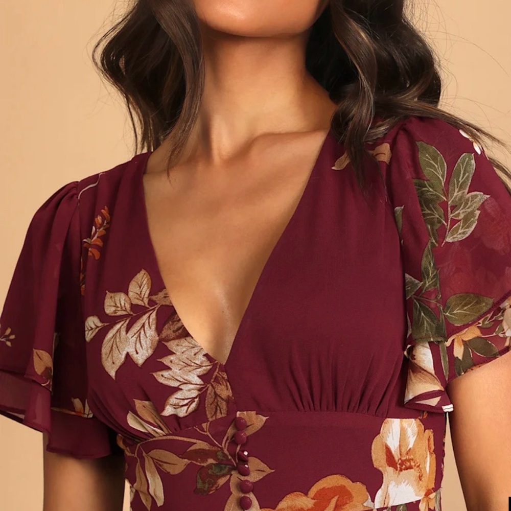 Lulu's Midnight Mood Burgundy Floral Tiered Maxi Dress - Size L Romantic Formal - Picture 4 of 8